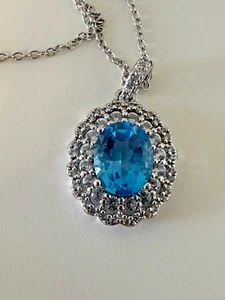 PAJ Sterlingsilber Halskette blau facettiert oval Anhänger Heiligenschein atemberaubend - Bild 1 von 9