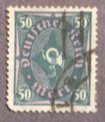 1922 German Posthorn 50 Mark Watermark Network (signed) CV $ 156.00 stamp - Used - Image 1 of 3