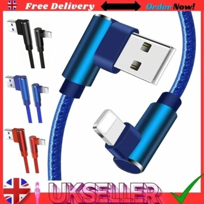 Cable cargador de sincronización rápida de datos tipo USB ángulo recto LED de 90 grados para i Phone Reino Unido - Imagen 1 de 4