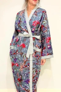 Indian Grey Bird Cotton Robes Long Kimonos Sleepwear Night Suit Kimonos Robes US - Picture 1 of 7