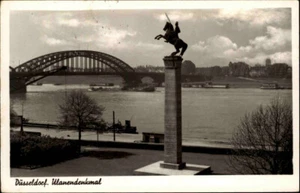 DÜSSELDORF 1940 Ulanen-Denkmal am Rhein Rheinbrücke AK mit Frankatur Dt. Reich - Bild 1 von 2