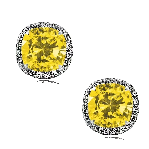 14k White Gold Cushion Halo November Yellow Topaz Push Back Stud CZ Earrings - Image 1 of 1