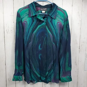 Vintage Bonnie Boynton Button Up Blouse Women's Large Rayon Collared Watercolor - Picture 1 of 7