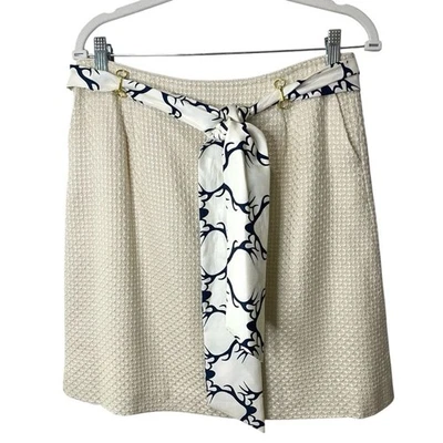 Minifalda Elizabeth McKay Lana Tweed Crema Herrajes Dorados Faja Cinturón Talla 6 Usada en Excelente Condición Foto 1 de 4