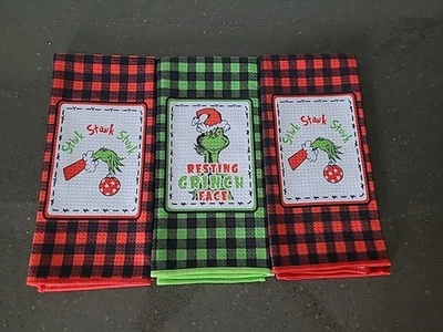 Lot 3 Dr. Seuss The Grinch Stink Stank Stunk Face Kitchen Towels New No Tags - Image 1 of 4