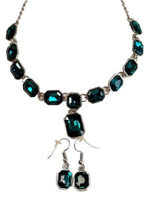 Juego de pendientes collar verde esmeralda tono plata Foto 1 de 4