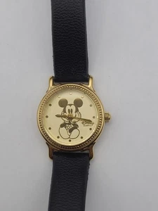 Disney Time Works Mickey Mouse Vintage Watch Gold Tone Black Band Working - Picture 1 of 13