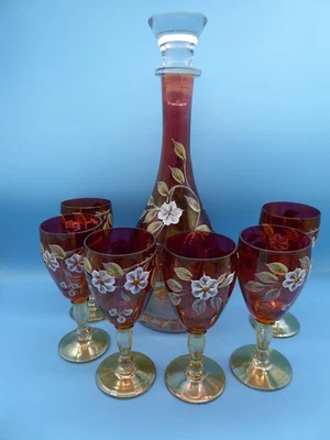 Bohemia Glas Karaffe Set mit 6 Gläsern Emaille Malerei  Böhmen - Bild 1 von 4
