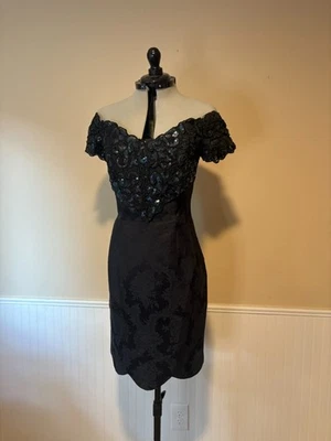 JESSICA McCLINTOCK Off-Shoulder Damask + Sequins Black Party Dress | 80s Size 4 - Image 1 of 4