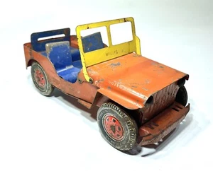 Marx Willys Jeep Metal Pressed Steel w/ Metal Wheels 1940’-50’s Vintage Red Blue - Picture 1 of 12
