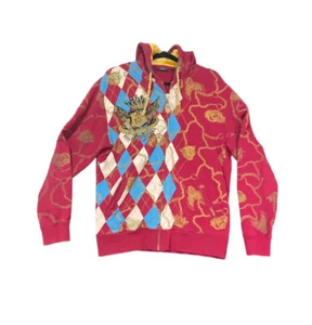 Christian Audigier Hoodie Medium Red Baroque Argyle Eagle Crown Graphic Y2K - Picture 1 of 12