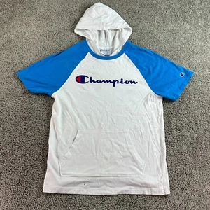 Champion Hoodie Mens Medium White Blue Signature Short Sleeve Spellout FLAW - Picture 1 of 12