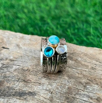 Anillo de piedra lunar anillo de tres piedras anillo de plata de ley 925 anillo hecho a mano tamaño todo Foto 1 de 4