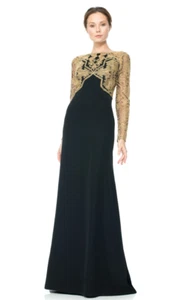Tadashi Shoji PETITE Black Gold Metallic Lace Long Sleeve Mother Bride Dress 10P - Picture 1 of 4