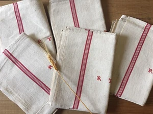 ONE Antique Vintage French Métis Towel Torchon - Red Stripe Mono RT - Patina - Picture 1 of 5