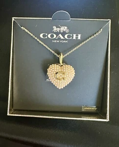 Coach Puff Pearled  Heart Locked Pendant Necklace Gold Plated Boxed - Picture 1 of 3