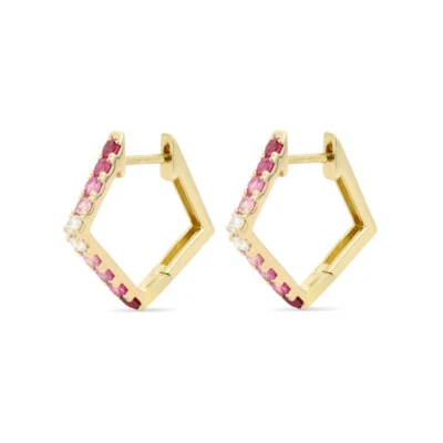 Natural Ruby Sapphire & Diamond Hoops Earring 14k Yellow Gold Earring For Gift  - Image 1 of 4
