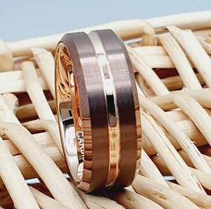 Men's Rose Gold Tungsten Wedding Ring with Unique Brown Tungsten Wedding Band - Picture 1 of 12