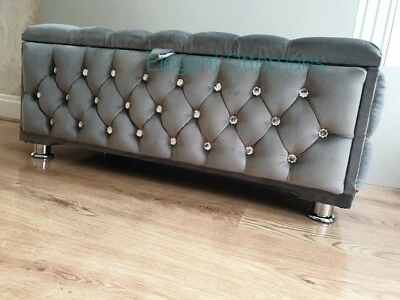  Storage Ottoman Box Stylish Bench New Grey Plush/Soft Velvet Fully Upholstered  - Image 1 of 4