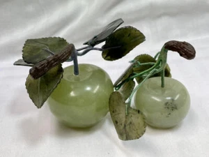 Set of 2 Vintage Mid-Century Carved Jade Color Green Apples Sm & Lg - Picture 1 of 11