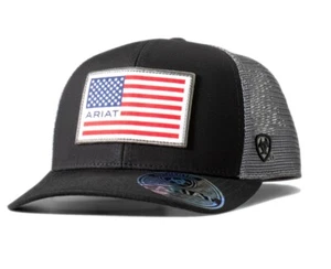 Ariat Western Mens Cap Baseball Hat Mesh Back Logo Flag Patch Black A300081101 - Picture 1 of 2