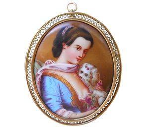 Antique Lady with Dog Portrait Brooch Pendant Hand Painted Porcelain - Picture 1 of 8