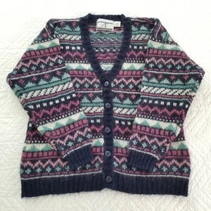 Vintage blau türkis mauve Fair Isle flauschige Mohair Mischung Cardigan Pullover Akkordeon M - Bild 1 von 4