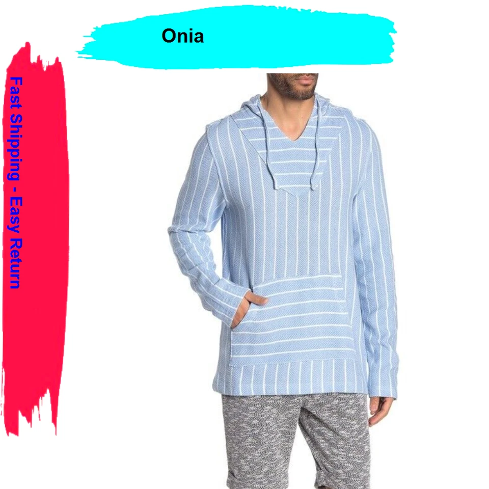 Onia Men's Easton Stripe Hoodie Sweatshirt Lake Blue Size L