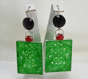 Pendientes de Plata 925 Con Jade Verde Coral Rojo Ónix Colgantes Aght 0495 - Imagen 1 de 3