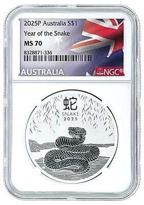 Australia 2025 1 oz SilverLunar Snake NGC MS70 - Etiqueta de bandera Foto 1 de 2