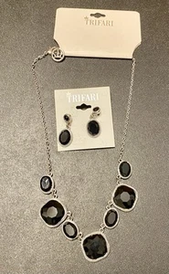 Trifari Black and Silver Statement Necklace With Dangling Earrings - Picture 1 of 10