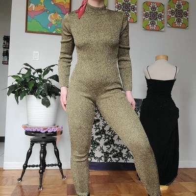 Discoteca vintage anos 80 malha dourada manga comprida Catsuit Studio 54 O/S Ozbek Affe Spa Glam - Imagem 1 de 4
