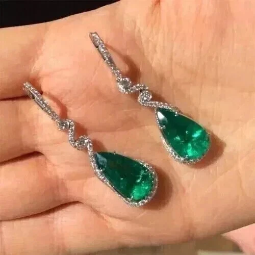 2.80Ct Pear Cut Lab-Created Emerald Drop Dangle Earrings 14K White Gold Plated - Image 1 of 4