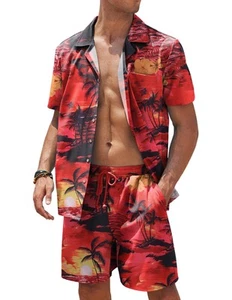 Mens Hawaiian Shirt and Shorts Set 2 Piece Vacation Outfits Floral Button Dow... - Picture 1 of 6