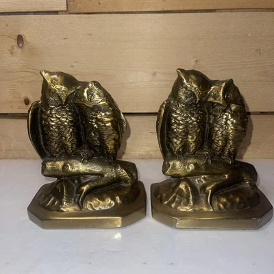 Vtg Pair Brass Owl Bookends Set MCM Hand Crafted PM Craftsman Heavy Made In USA - Image 1 of 4
