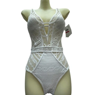 Traje de baño de una pieza Becca de encaje blanco, color ganchillo Play Plunge talla XS Foto 1 de 4
