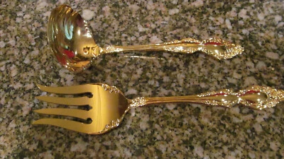 *Rogers 1881 ROGERS Oneida Deepsilver COLD MEAT Fork & LADLE GOLDEN BAROQUE ROSE - Image 1 of 2