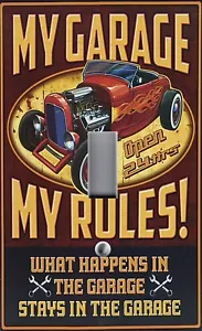 TODAS LAS TALLAS Cubiertas de Placa Interruptor de Luz MAN CAVE MY GARAGE MY RULES 2 HOT ROD CAR - Imagen 1 de 26