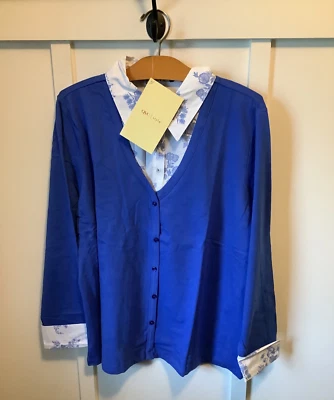 CÁRDIGAN DENIM & CO. QVC AZUL CUELLO EN V CON CAMISA FLORAL INCORPORADA TALLA 1X Foto 1 de 4