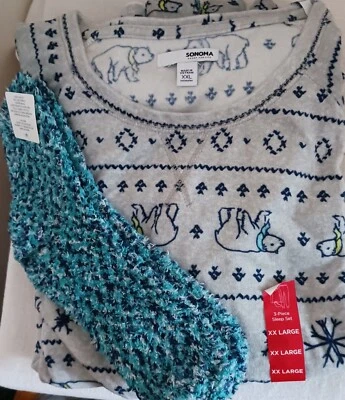 Grey Multi 3 pc Soft Cozy Fleece Polar Bears Pajamas Pjs Sleep Wear XXL +Socks - Image 1 of 4