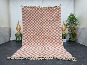 Moroccan Handmade Beni Ourain Rug 5'3"x8'3"  Berber Checkered Pink White Carpet 