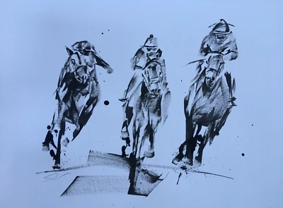 Original Firmado Tinta Boceto Pintura de Carreras de Caballos A2 Foto 1 de 4