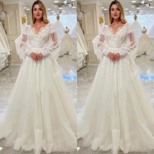 Long Sleeves Wedding Dresses V Neck Beach Boho Elegant Tulle A Line Bridal Gowns - Picture 1 of 15