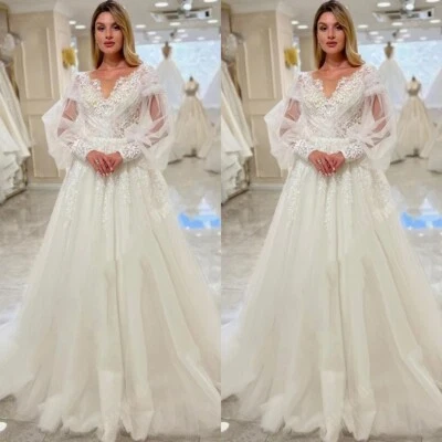 Long Sleeves Wedding Dresses V Neck Beach Boho Elegant Tulle A Line Bridal Gowns - Image 1 of 4