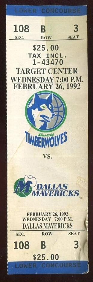 Ticket Basketball Minnesota Timberwolves 1991 - 92 2/26 Dallas Mavericks - Image 1 of 1