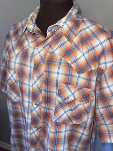 Wrangler Pearl Snap Plaid Western Cowboy Mens Short Sl Shirt Orange Blue XL - Picture 1 of 4