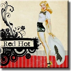 Cuadro retro vintage rojo caliente de niña pin up sobre lienzo estirado, decoración de arte de pared, R - Imagen 1 de 3