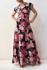 PAUL & JOE PARIS Dress Black Pink Floral Print Soft Silk Maxi Sz 42 / AU 10 - Picture 1 of 9