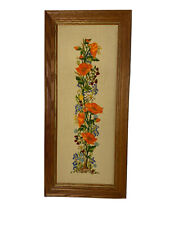 Crewel Embroidered Flowers Large Picture Framed Art 36”x16” 1970's VINTAGE