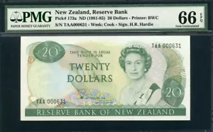 New Zealand 1981-1983 20 Dollars P173a Low S/N 631 PMG 66 EPQ GEM UNC - Picture 1 of 2